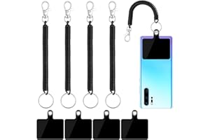 cobee Wysuwana smycz do telefonu z naszywką do ochrony przed upadkiem, 4 sztuki, uniwersalne, elastyczne paski, 4 opakowania, czarne naszywki na telefon, paski na nadgarstek