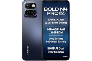 Lava Bold N4 Pro 5G (Monaco Blue, 6GB RAM, 128GB Storage) | 50MP AI Rear Camera | 6000mAh Battery with 18W Fast Charge | 500K+ Antutu | IP64 Rated |Clean Android 16 | Free Service @ Home