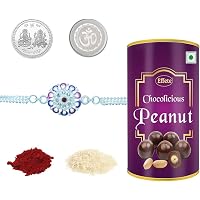 Rakshbandhan Special Rakhi Combo - Fancy Crystal Daimond Flower Rakhi Silver Color / Plated Rakhi (Silver_rakhi) with Chocolate Combo, Roli chawal, Pooja Coin & Greeting card | Rakhi with chocolates | Rakhi gift for brother | Rakhi gift chocolate for brother | Rakhi low price | Rakhi thali | Rakhi veera | Rakhi roli chawal | Rakhi with gift |