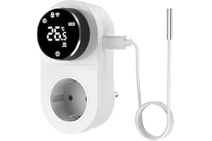 Yasorn Termostato WiFi con enchufe 240V, controlador de temperatura LED con mando giratorio, enchufe inteligente con sensor,control por voz,calefacción y refrigeración, apto para invernaderos/acuarios