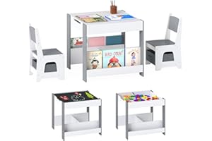 Maxmass 4 in 1 Toddler Table and Chair, Wooden Children Activity Table with Dual-sided Tabletop, Storage Bins, 3 PCS Kids Desk and Chair for Learning Playing Drawing (White+Grey, 61x61x56cm)
