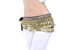 YuanDian Femme Professionnel Monnaies Danse du Ventre Ceinture Chaîne Sequin Foulard Hip Danse Jupe Oriental Belly Dance Costume Noir