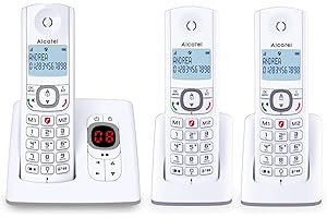 ALCATEL F530 Voice Trio - Téléphone Fixe Sans Fil DECT Avec Répondeur - Grand Écran Rétroéclairé - Haut-Parleur - Fonction Blocage Des Appels - 2 Touches De Mémoires Directes - 3 Combinés - Blanc/Gris