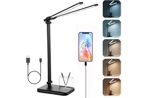 rigors 45CM Lampara Escritorio con Cabeza Doble, 5 Modos & 10 Niveles de Brillo Flexo LED Escritorio,Lampara Estudio LED Escr