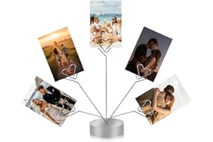 HINGTAI Heart-Shaped Photo Stand Contains Five Clips, Silver Tree Holder for Pictures Desk Photo Display Gift Tree Holder for Party, Round Base Suitable as a Gift for Holidays Weddings or Work