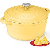 Overmont Enameled Cast Iron Round Casserole Dish with Lid 7 Quart Cookbook | Heavy Duty Kitchen Utensils with Cotton Potholde