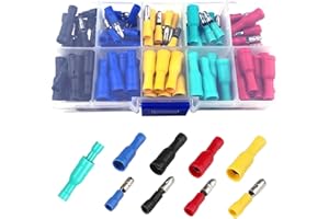 RIVIEVAL Electrical Connectors, 100Pcs Insulated Male and Female Bullet Butt Connectors Electrical Crimps Connectors Straight Wire Terminal Connectors (Red, Yellow, Blue, Green, Black, 3 Different Sizes)