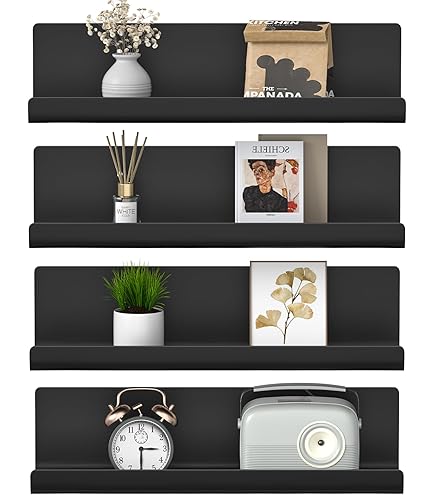 Set Van 3 Moderne Zwart Hoogglans Zwevende Boekenplanken - 38 X 10 Cm Geschikt Voor Fotolijstjes En Boeken