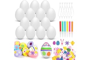 WISHSTAR Uova di Pasqua in plastica Bianca 25, Uova di Pasqua Decorazioni 6 cm, Uova di plastica per dipingere con 25 cordini, 80 Adesivi pasquali, con 6 Penne Colorate,Uova Pasquali da Appendere
