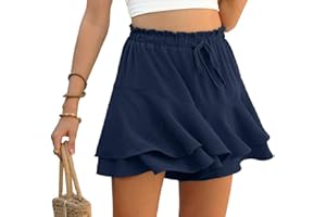 PrinStory Ruffles Shorts For Women High Waist Flowy Shorts Drawstring Skort Casual Summer Skort Wide Leg Culottes