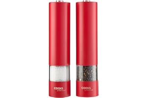 Cooks Professional Electric Salt and Pepper Mill Set | Battery Operated Automatic Grinders with Adjustable Course & Fine Grinding & One Touch Operation | Condiment Seasoning Grinder | Red