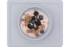 ezpz Mini Bowl (Pewter) - 100% Silicone Suction Bowl with Built-in Placemat for Infants + Toddlers - Comes with a Reusable Travel Bag