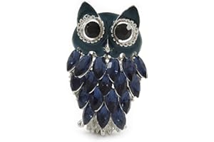 Avalaya Navy Blue Diamante Enamel 'Owl' Brooch in Rhodium Plating - 5cm Length