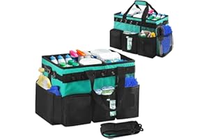 YALLMIE Panier de Nettoyage avec Poignée, 39x24x27cm Sac de Nettoyage Portable avec 5 Poches, Étanche Tissu Oxford Organiseur de Nettoyage Pliable Sac Produit Ménager Rangement Produits Menagers (Vert)