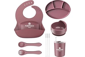 FUNYKICH Baby Geschirrset mit Saugnapf, Silikon Baby Essen Set mit Kinderteller, Lätzchen, Schüssel, Löffel, Gabel, Trinkbecher, Bürste, Mikrowellengeeignet, Spülmaschinenfest, BPA Frei (dunkelrot)