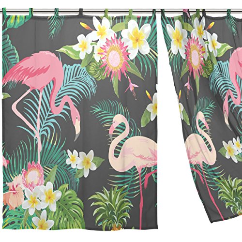 jstel 2 Pcs Voile Fenster Vorhang, tropischen Blumenmuster Flamingos, Tüll Sheer Vorhang Tuch Querbehang 139,7 x 198,1 cm Zwei scheibenelementen Set - 3