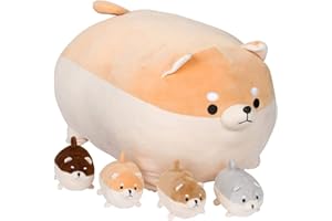 PIXIECRUSH Snugabies Shiba Inu wypchane zwierzę mama z 4 szczeniakami na brzuchu - pluszowa zabawka anime Corgi i Akita Kawaii pies miękka poduszka; pluszowe zabawki, prezenty dla chłopców i dziewcząt