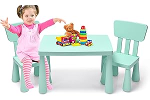 LIFEZEAL Set Tavolo e Sedie per Bambini 1-7 Anni, Tavolino Multiattivita Bambini in Plastica Rettangolare, Sedie per Bambini Piccoli con Schienale con Capacità di 50 kg (verde)