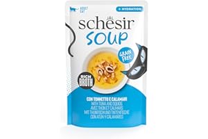 Schesir, Soupe aux Filets de Thon et de calamars, Nourriture Humide complémentaire pour Chats, Recette Originale, 100% Naturelle, 12 enveloppes de 40 g