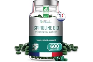 DETOX ORGANICA Spiruline Bio - 3000mg par jour - 600 Spiruline Bio Comprimés - Complément Alimentaire Riche en Protéines, Antioxydants, Fer et Phycocyanine - 100% Agriculture Biologique Contrôlée