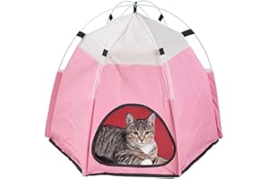 XhuangTech Pet Tent Cave Bed for Cats/Small Dogs, Soft Fabric Portable Foldable Pop Up Cat Tent/Kitten Bed House/Cat Hut Indoor Outdoor Pet Beds (Pink)