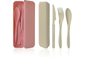 Cuayaes Set di Posate con Custodia, 2 Posate Portatili in plastica, Set di Utensili da Campeggio, Riutilizzabile, per Viaggi all'aperto, Picnic, Ufficio, Scuola (Rosa e Beige)