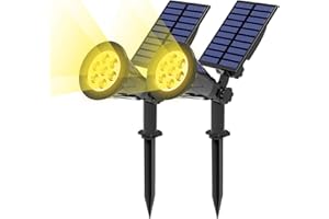 T-SUN Lot de 2 spots solaires à 7 LED, super lumineux, 3000 K, marche/arrêt automatique, angle réglable à 180°, appliques murales étanches sans fil pour terrasse, arbre, piscine