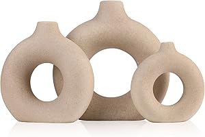 QIANLING Set di 3 vasi in ceramica beige - Vasi Boho rotondi per erba e fiori della pampa, vasi beige opachi per soggiorno, camera da letto, tavolino da caffè, caminetto, casa colonica e centrotavola