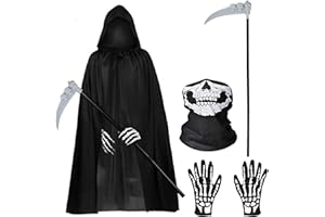 WIEERDA Halloween Costumes, 4 Piece Grim Reaper Costume Set with Hooded Cloak Black Scythe, Skull Mask, Skeleton Gloves, Skeleton Halloween Costume for Party Costumes for Kids Adult