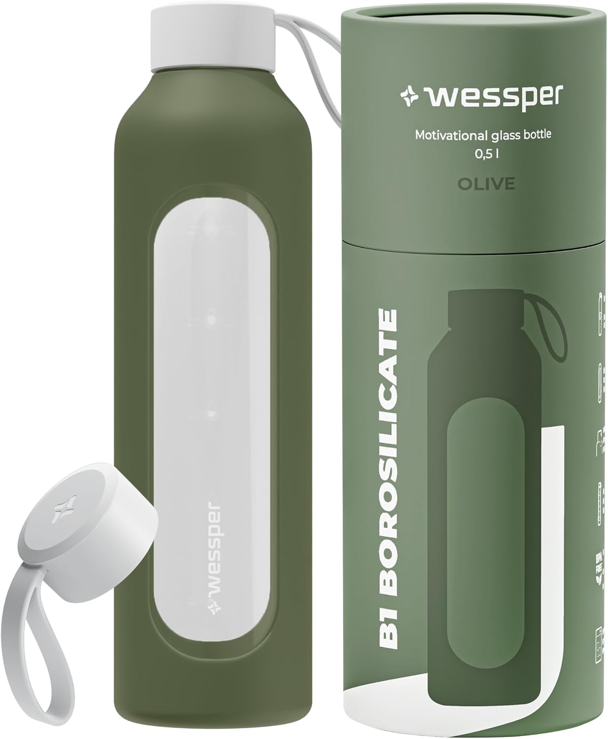 Wessper Botella de Agua Cristal, Botella 500 ml Motivadora con Escala de Hidratación, Botellas de Vidrio Borosilicato con Funda de Silicona, Material Seguro sin BPA - Oliva