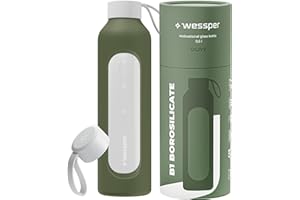 Wessper Botella de Agua Cristal, Botella 500 ml Motivadora con Escala de Hidratación, Botellas de Vidrio Borosilicato con Funda de Silicona, Material Seguro sin BPA - Oliva