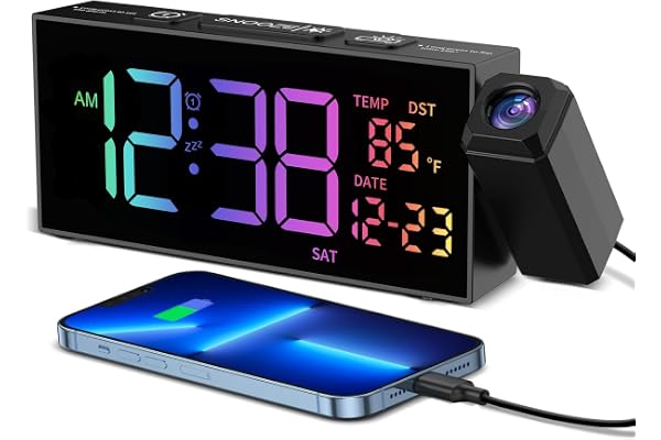 Netzu Projektion Väckarklocka med 350° Roterbar Projektor, 10 Larmtonar, 4 Volymer, USB-Laddare, Temperatur och Datum