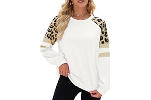 Quatrefox Sweatshirt Damen Baumwolle Leopard Shirt Langarm Tshirt Frauen Oberteile Lässige Baumwolle Rundhals Farbblock Leicht Tunika für Herbst Frühling Winter