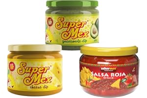 SABORMEX Pack Degustación Salsas Dip: Guacamole, Mexicana Roja y Cheddar con Jalapeño, 3 botes de 300 gr