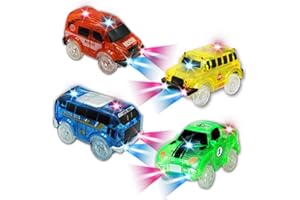 KALININGEU Track Cars for Kids, 4 Pack Replacement Track Cars Compatible with most Tracks Glow in the Dark, Toy Cars with 5 Flashing LED Lights for Most Race Tracks Light Up Toy Cars Track Car for Ages 3 4 Kids