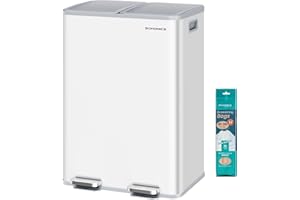 SONGMICS Mülleimer Küche, 2 x 30 Liter, 2 Fächer, Abfalleimer, Tretmülleimer, Küchenmülleimer mit Softclose-Deckel und Inneneimer, Stahl, inklusive 15 Müllbeutel, mattweiß LTB741W02