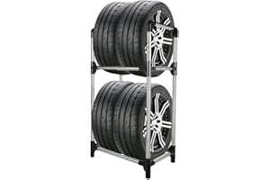 BAOYOUNI Reifenständer für 4 Reifen oder Felgen, 2 Ebenen Freistehendes Reifenregal Robust, Platzsparend Lagerregal für Garage, Keller, Werkstatt, 57,2 x 37,3 x 114,6cm, Grau+Silber