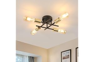 Dorlink Chandelier Light, 4 Lights Industrial Ceiling Light Black Gold, E27 Chandelier Lighting Vintage Semi Flush Mount for Living Room Bedroom Kitchen Dining Room Hallway Ø28CM (No Bulbs)