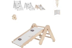 MAMOI® Klettergerüst Indoor, Kletterdreieck mit Rutsche aus Holz, Kletterturm mit Rutschbrett, Kletterbogen, Regenbogenwippe, Montessori Spielzeug