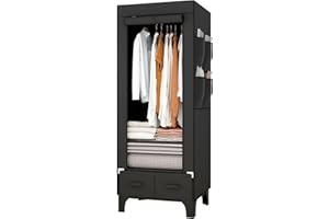 OPPAIYA Canvas Wardrobes, Temporary Wardrobes With Hanging Rails, 2 Shelves、8 Side Bags & 2 drawer, 160 * 45 * 69cm Small Wardrobe, Portable wardrobes for bedroom Cheap, Wardrobe with drawers - Black
