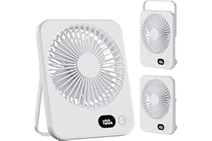 LuJasi Klein Tischventilator USB Leise Ventilator Akku 3600mAh 5 Geschwindigkeiten 180°Einstellbar Tragbarer LED Anzeige Fan Für Büro, Bibliothek, Reise Weiß