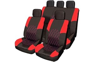 Wheels N Bits RED & BLACK Cloth Car Saloon Hatchback Estate Split Rear Seat Covers Set Included Steering Wheel Cover Glove an Shoulder Seat Belt Pads