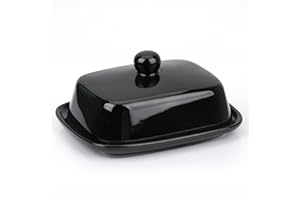 HONZUEN Ceramic Butter Dish with lid and Handle,Small Covered Butter Contaniner for Countertop,Porcelain Butter Storage Holder Kitchen Farmhouse,Pottery European Butter Box Tray(Black)