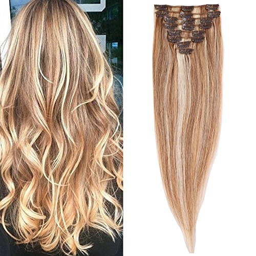 S-noilite® Extensiones de clip de pelo natural cabello humano #18/613 Ash Blonde / Blanqueador Blonde - 100% Remy hair - 8 piezas 18 clips (50cm-70g)