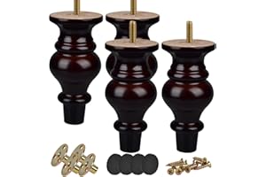 Btowin 6 inch Solid Wood Furniture Legs, 4Pcs Turned Wooden Bun Feet with Threaded 5/16'' Hanger Bolts & Mounting Plate & Screws for Sofa Couch Cabinet Armchair Recliner