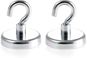 Magnetastico® | Lot de 2 Crochets magnétiques néodymes N35 32 mm Ø | Force d’Attraction de 34.0 kg | 2 aimants en néodymes Ultra puissants avec Crochet Ultra forts et galvanisé