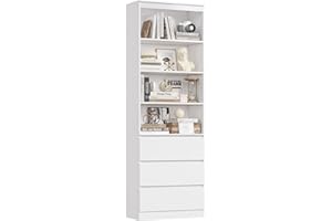 FirFurd 202cm Estantería con 3 Cajones, Estantería Libros, Librería, Estante, Mueble Almacenaje, para Oficina, Salón, Estudio, Comedor, Alta, 4 Compartimentos, Estantes Ajustables, Blanco, 60x35x202cm