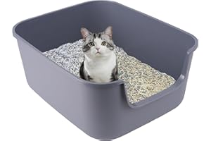 Suhaco Bac à Litière Haut pour Chat Anti-éclaboussures Grande Litière Ouverte 49 x 42 x 22 cm pour Petits Chats Bac à Litière à Entrée Basse (Gris)