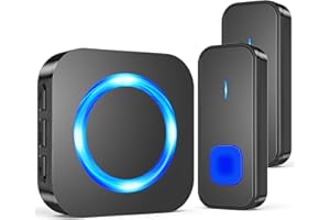 SURFOU Campanello Senza Fili da Esterno con 2 Trasmettitori, Campanello Portata Wireless a Lunga Distanza di 400m per Casa, Indicatore LED Pulsanti, Ricevitore Interno con 5 Volumi, 55 Suonerie, Nero