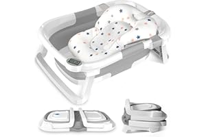 Baby Bath Tub Foldable Tub, MSSAYA Collapsible Baby Essentials for Newborn with Baby Bath Seat Soft Cushion, Anti-Slip Portable Travel Toddler Tub with Bath Thermometer, Temperature Sensing Drain Plug